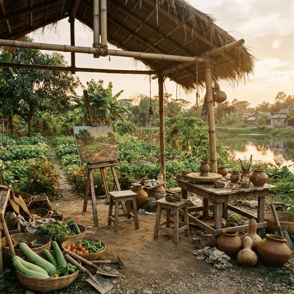 An open-air artist and farm-training workspace beside a green organic garden in rural Bengal